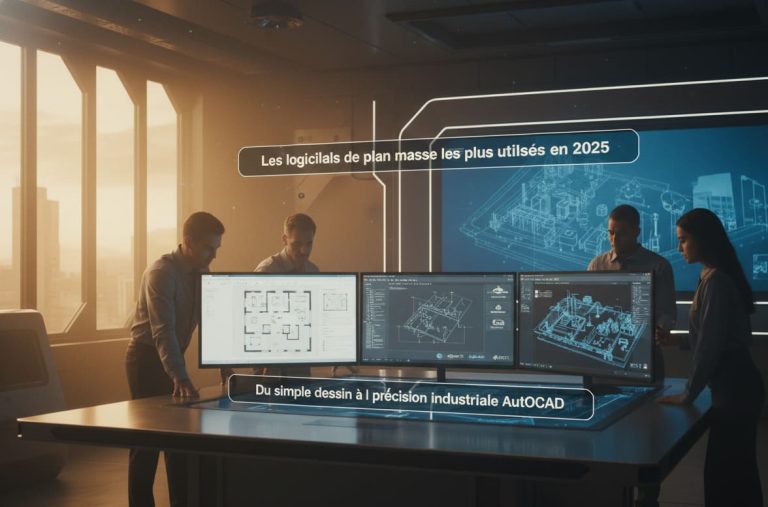 logiciel de plan de masse industriel AutoCAD illustrant les outils les plus utilisés en 2025