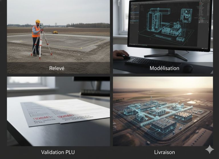 logiciel de plan de masse industriel illustrant le processus de relevé, modélisation et validation PLU