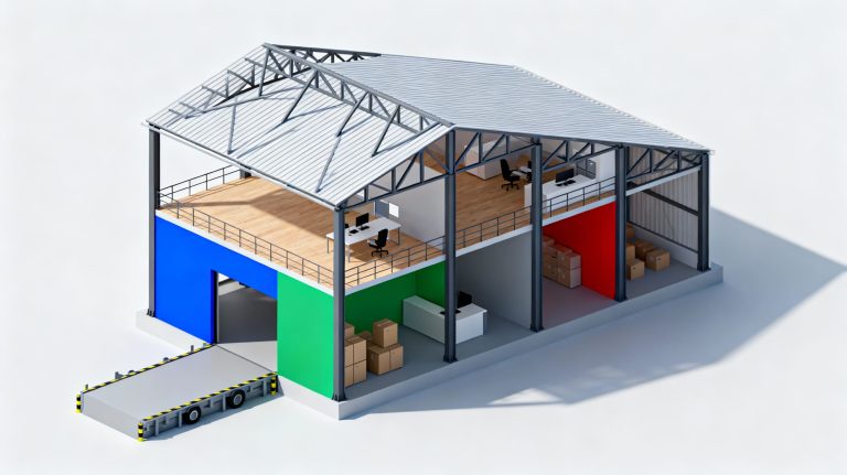 plan de coupe industriel en 3D illustrant la structure d’un bâtiment métallique