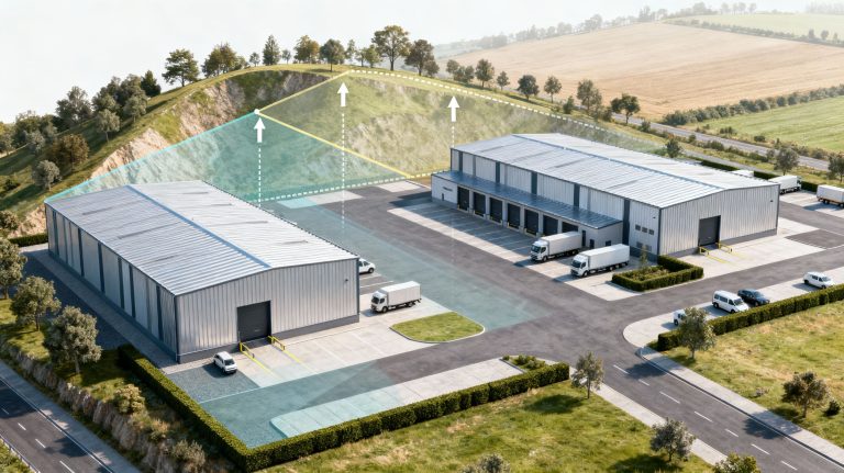 plan de coupe industriel montrant l’implantation de bâtiments logistiques sur terrain en pente