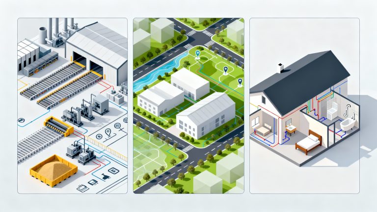 plan d’implantation d’usine comparé au plan de masse et au plan maison