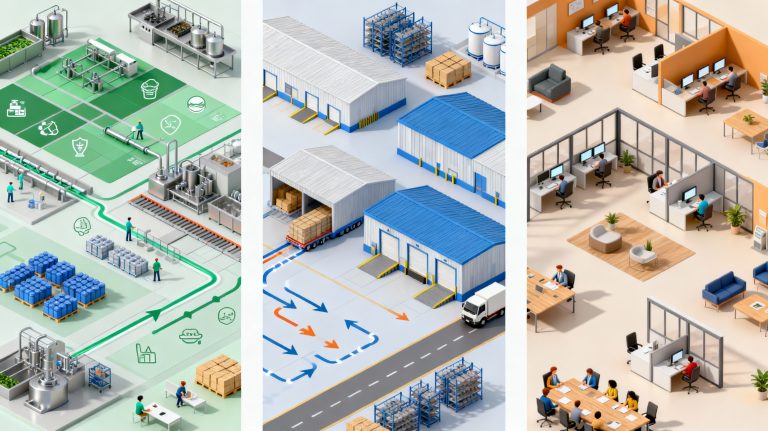 plan d’implantation d’usine illustrant différents cas pratiques de production, logistique et bureaux