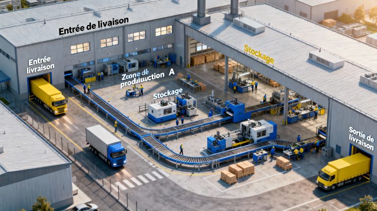 plan d’implantation d’usine illustrant l’optimisation industrielle des flux et zones de production