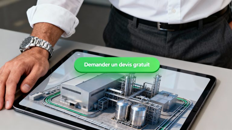 Simulation 3D d’un plan de masse industriel affichée sur une tablette avec option de devis gratuit