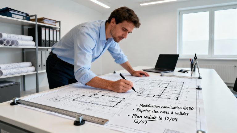 Architecte dessinant un plan de masse industriel avec légende et échelle