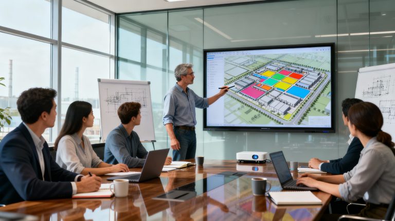 Présentation d’un plan de masse industriel lors d’une réunion de projet