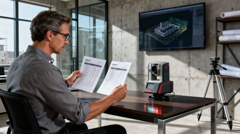 expert SCAN3DBATIMENT analysant un modèle 3D et des devis de scan laser sur écran