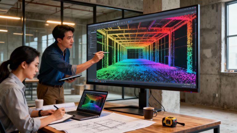 ingénieurs SCAN3DBATIMENT analysant un nuage de points 3D sur écran