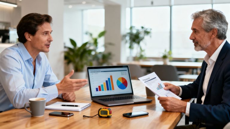 consultants SCAN3DBATIMENT discutant d’un devis de relevé 3D et d’un rapport tarifaire