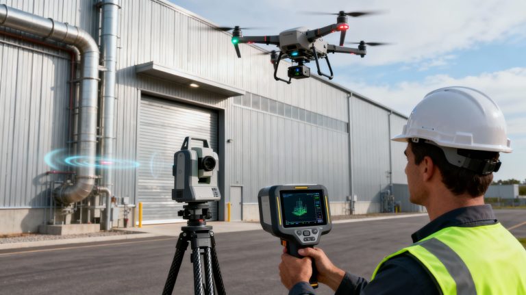 technicien SCAN3DBATIMENT pilotant un drone LiDAR pour le relevé 3D d’un bâtiment industriel