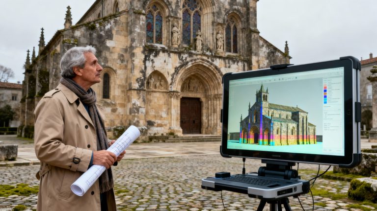 architecte SCAN3DBATIMENT analysant la numérisation 3D d’un monument historique