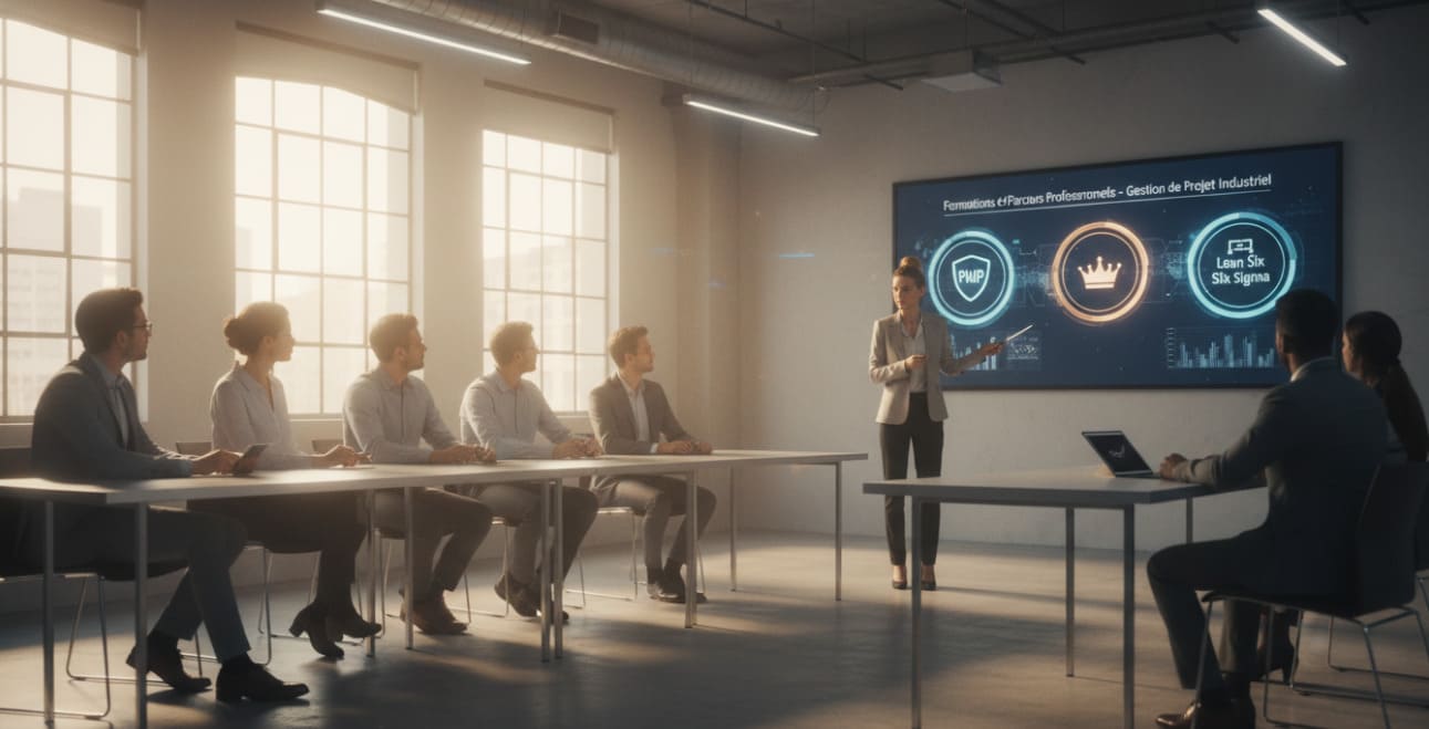 présentation en salle de formation sur la gestion de projet industriel et les certifications PMP Lean Six Sigma