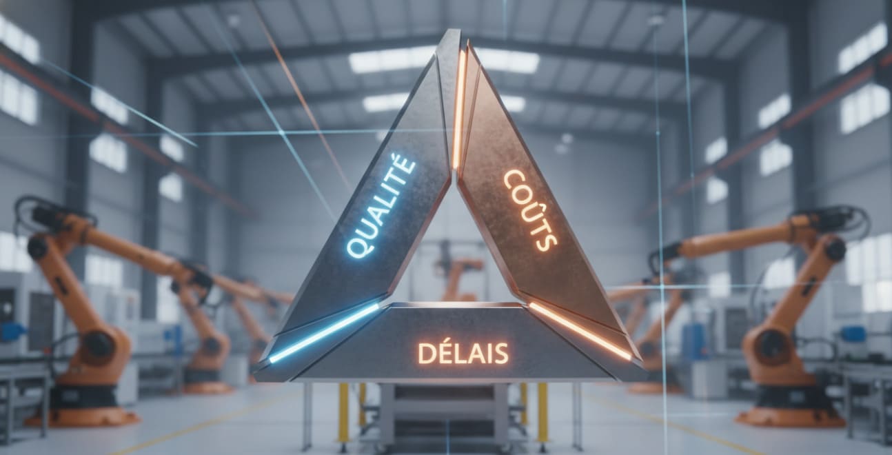 Infographie du triptyque Qualité – Coûts – Délais dans un projet industriel